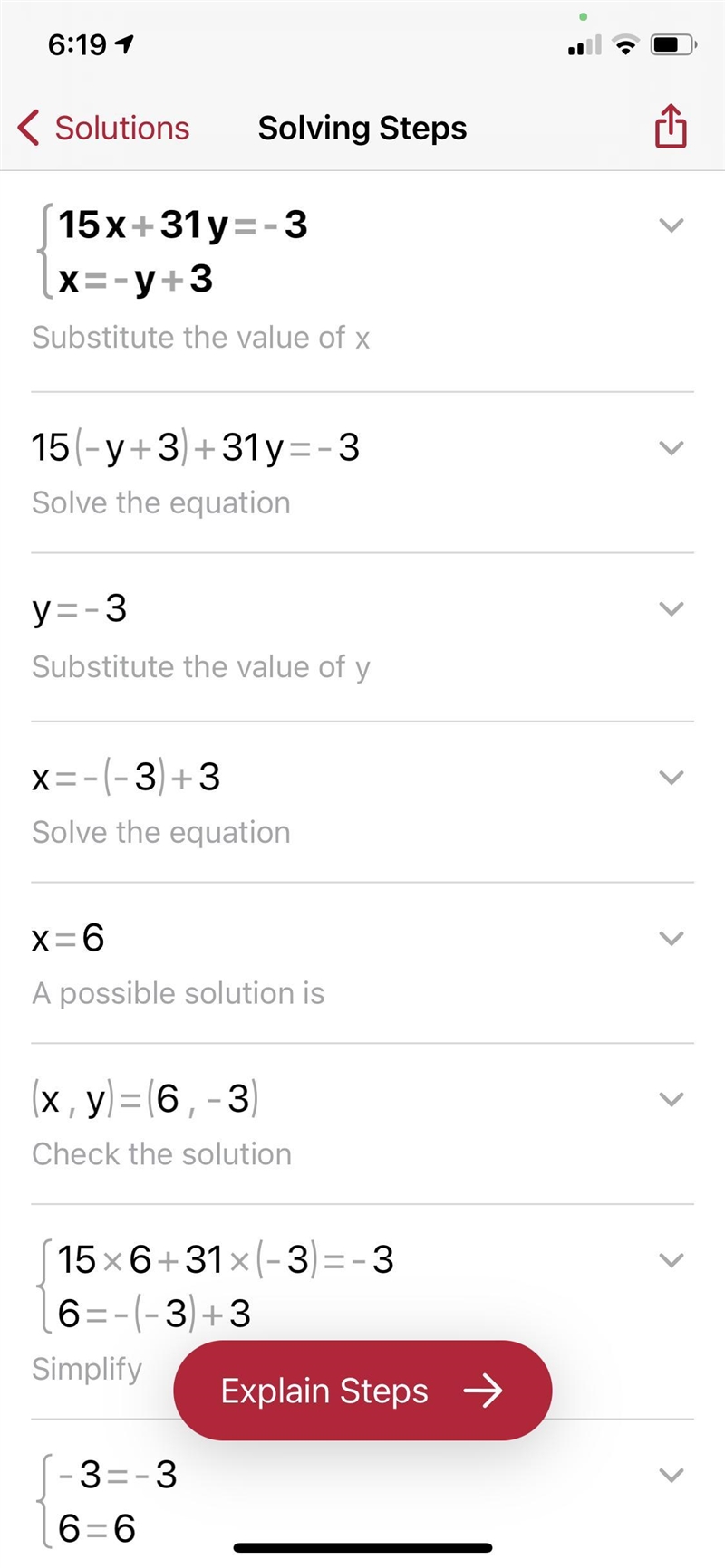 Solve the system of equations. 15x + 31y = -3 X = -y + 3-example-1