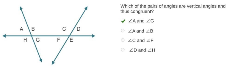 Which of the pairs of angles are vertical angles and thus congruent? ∠A and ∠G ∠A-example-1