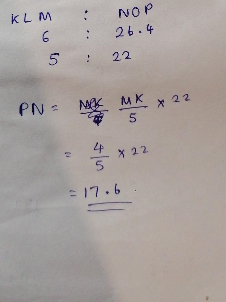 Triangle KLM is similar to triangle NOP. Find the measure of side PN. Figures are-example-1