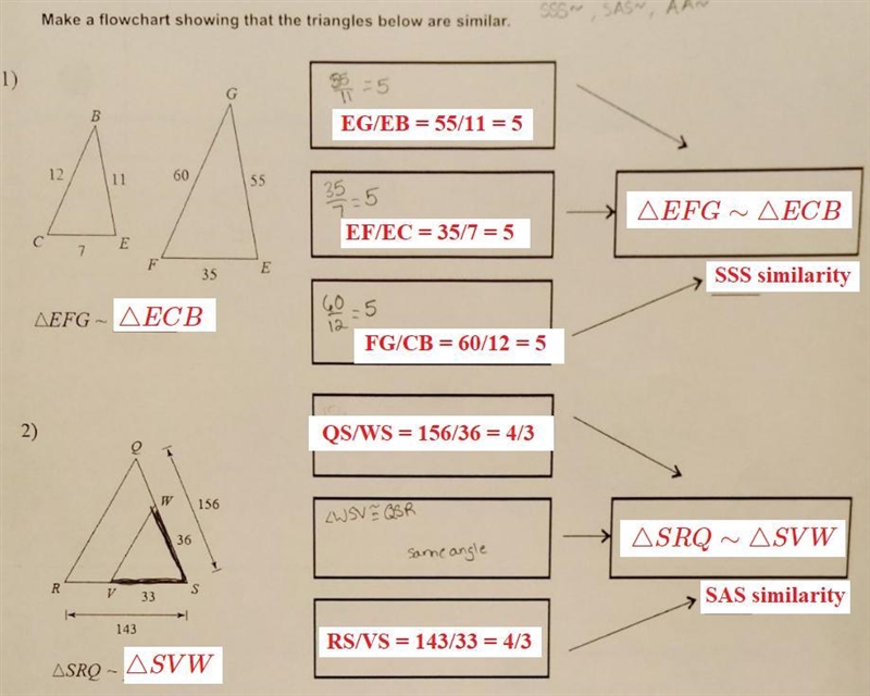 Make a flow chart showing that the triangles below are similar. NO LINKS OR CRAZY-example-1