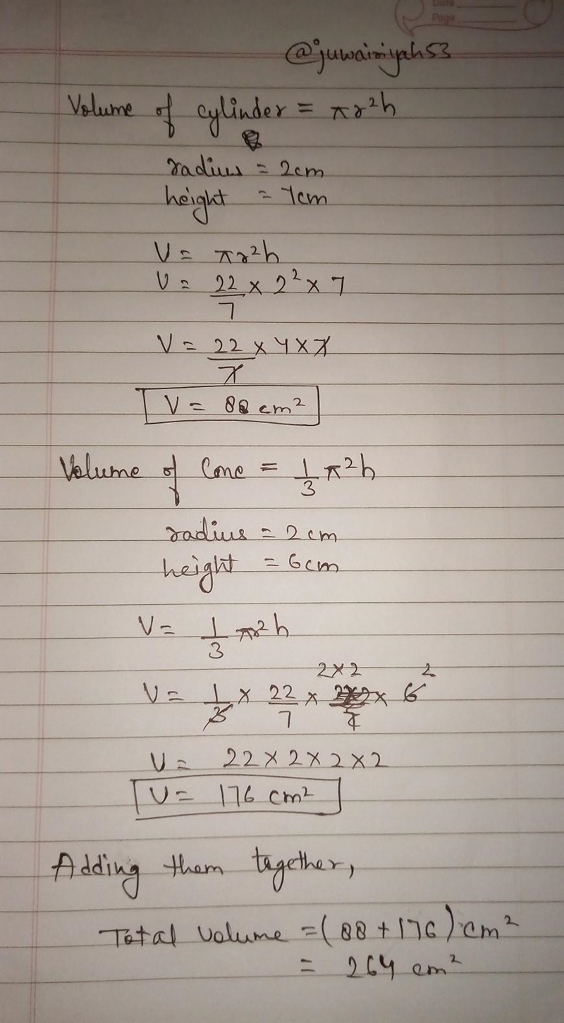 Find the volume of the cylinder and cone, then add them together.-example-1