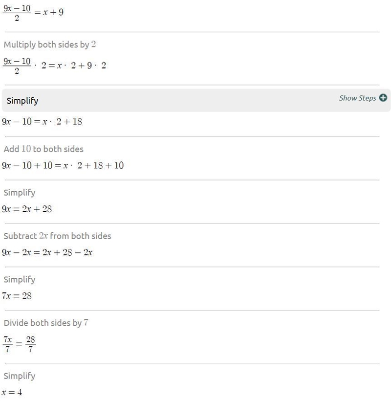 Solve 9x-10÷2=x+9 explain how​-example-1