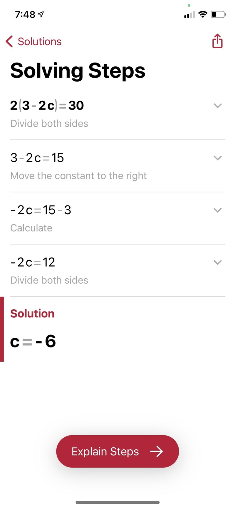 Solve for c 2(3-2c)=30-example-1