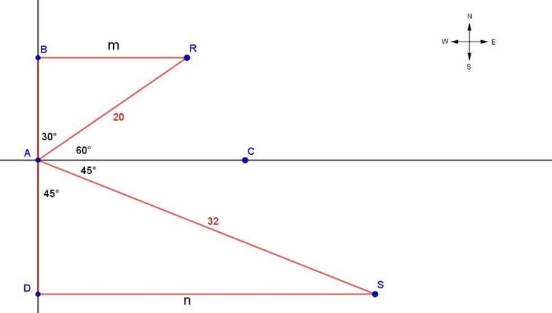 O, R and S are points in the same horizontal plane. /OR/ = 20m and /OS/= 32m.The bearing-example-1