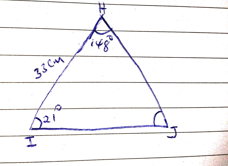 In ΔHIJ, the measure of ∠j=33cm,∠H=148°and I= 21°Find the length of i to the nearest-example-1