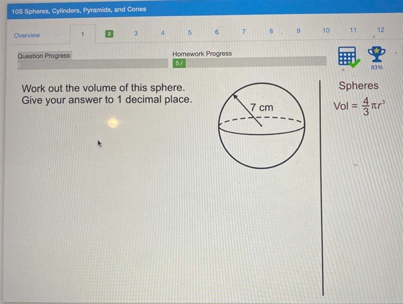 Work out the volume of this sphere. give your answer to 1 decimal place-example-1