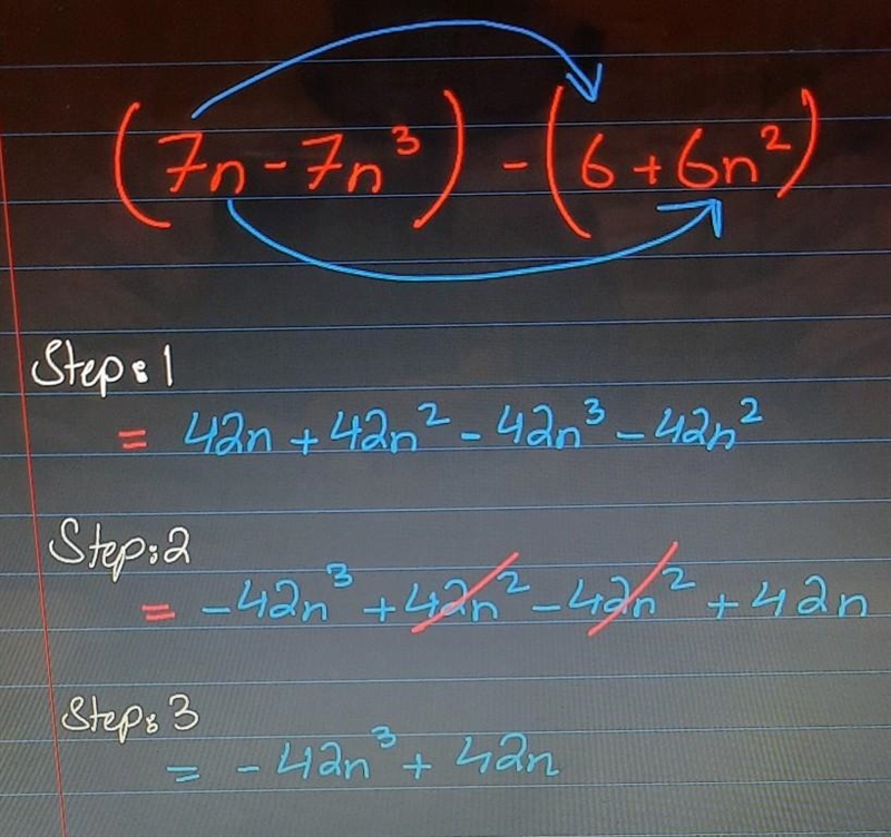 (7 – 7n³) – (6 + 6n²)​-example-1