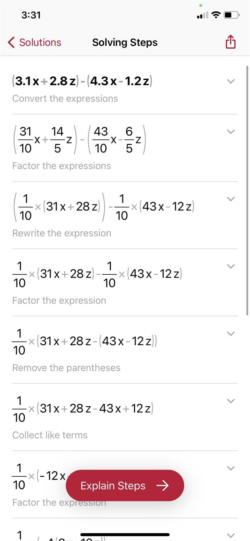 Subtract the following polynomials. (3.1x+2.8z)−(4.3x−1.2z)-example-1