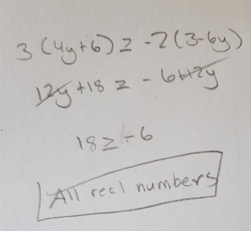 Solve 3(4y + 6) greater equal to -2(3-6y) show work pls-example-1