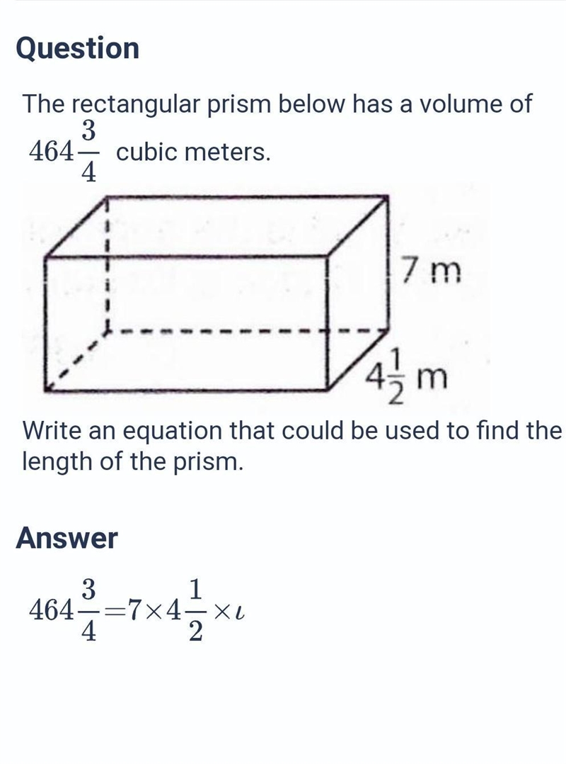 The rectangle prism below has a volume of 464 3/4 cubic meters. a- write an equation-example-1