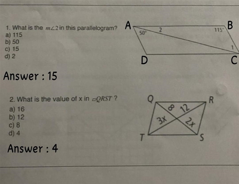 1. What is the m 2 in this parallelogram? a) 115 b) 50 C) 15 d) 2 ( IF I CAN ANSWER-example-1