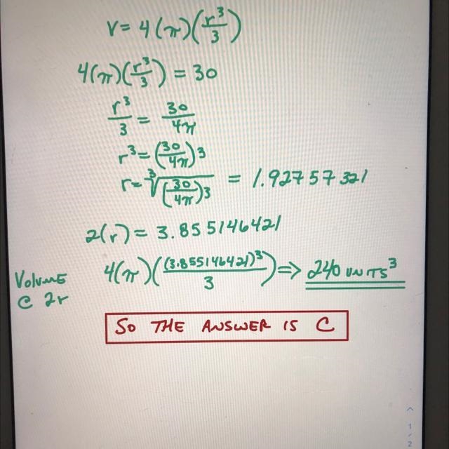 Suppose the sphere below with radius r has a volume equal to 30 units 3? Find the-example-1