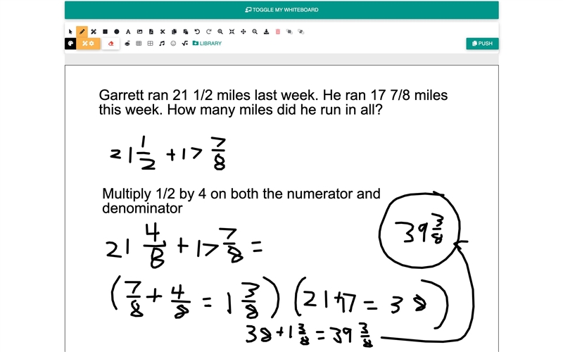 Garrett ran 21 1/2 miles last week. He ran 17 7/8 miles this week. How many miles-example-1