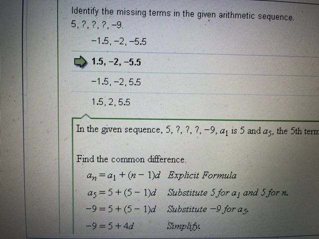 Identify the missing terms in the given arithmetic sequence. 5, ?, ?, ?, -9.-example-1