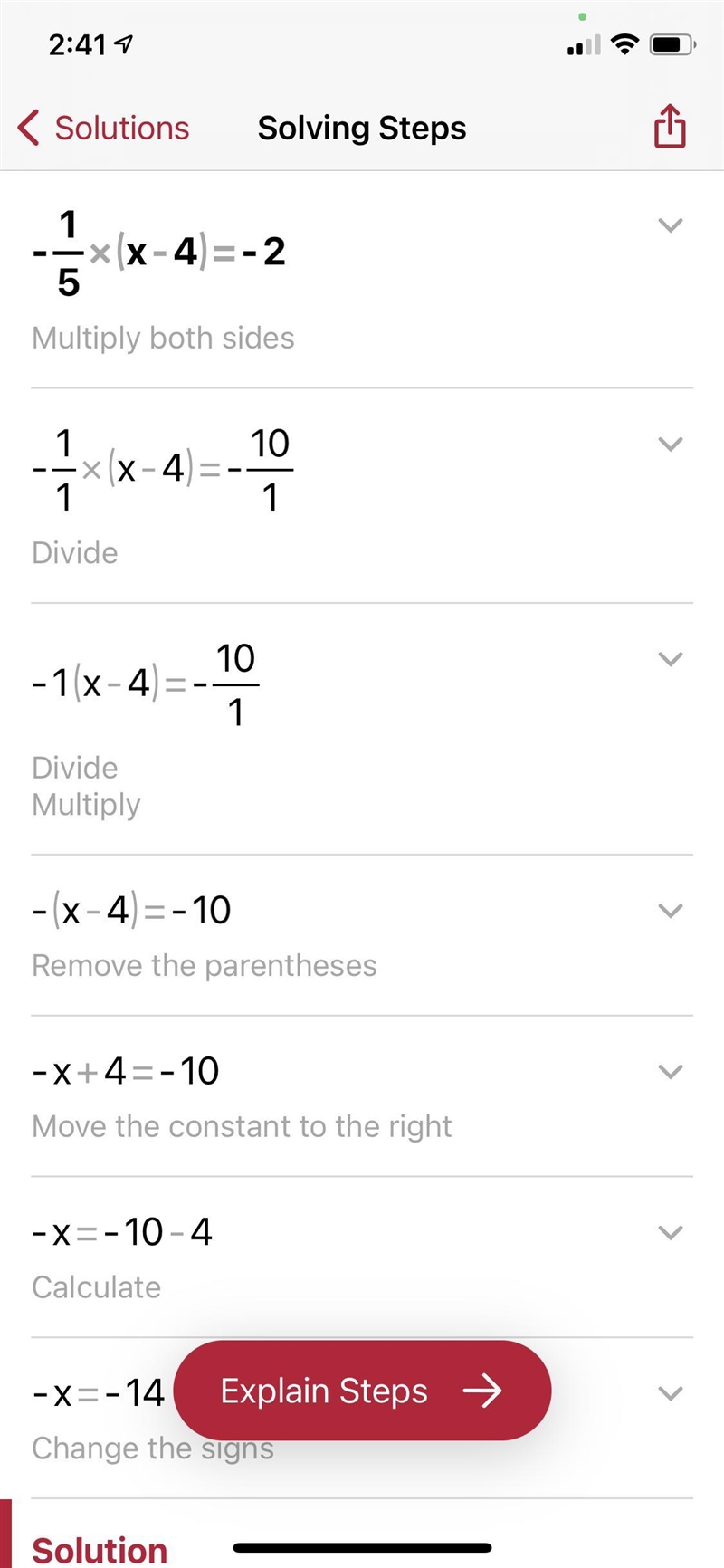 Solve for x. -1/5(x-4)= -2-example-1