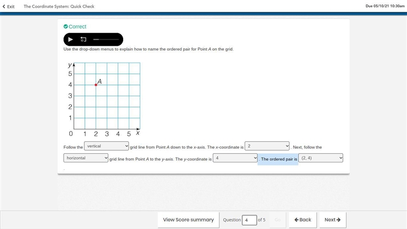 Use the drop-down menus to explain how to name the ordered pair for Point A on the-example-1