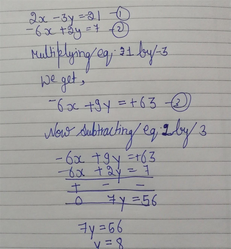 Solve the system of equations -2x-3y=21 -6x+2y Part 1: Explain the steps you would-example-1