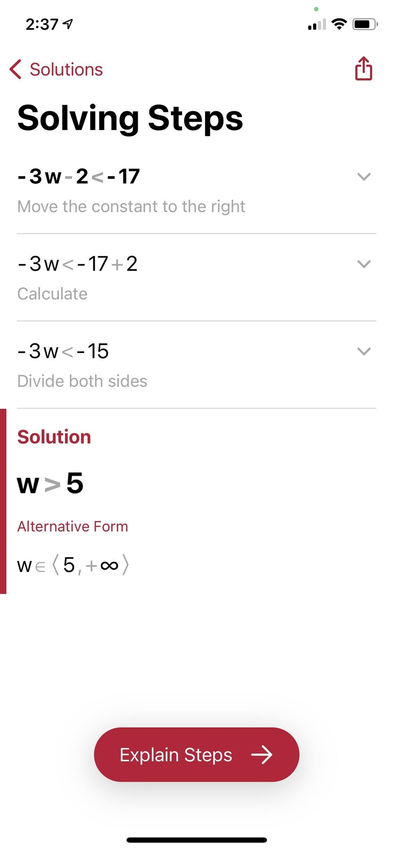 Solve the inequality. -3w - 2 < -17-example-1