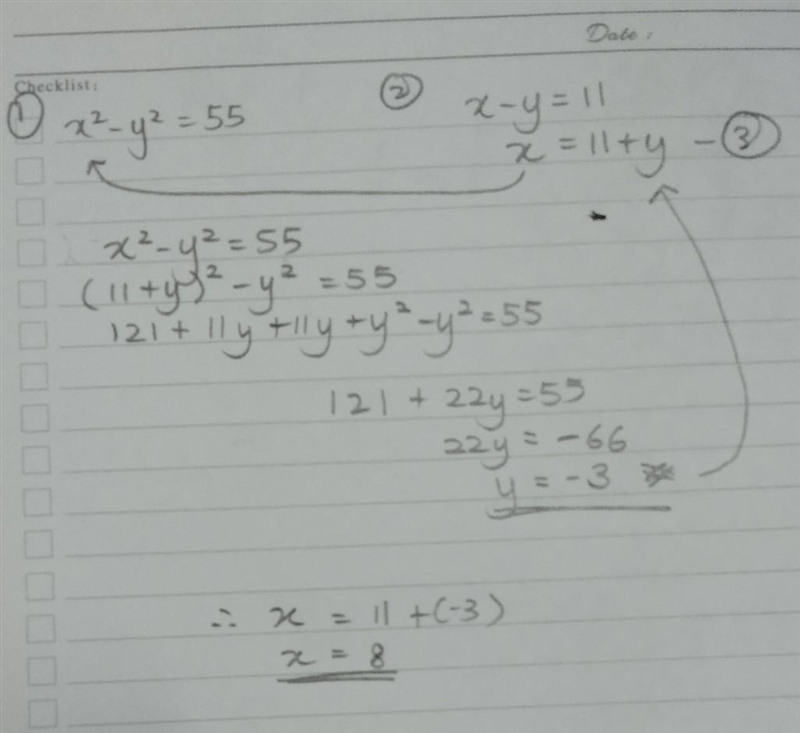 1. If x² - y² = 55, and x-y=11, find the value of y. I think x is 8 and y is -3 but-example-1