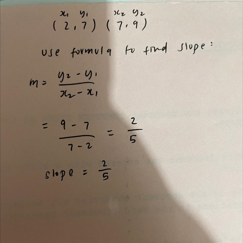 Is urgent If a line passes through the points (2, 7) and (7,9), its slope is necessary-example-1