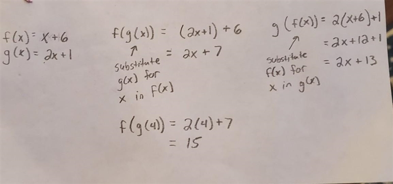 For f(x) = x +6 and g(x) = 2x + 1, find the following. a. (fog)(x) b. (gof)(x) c. (fog-example-1