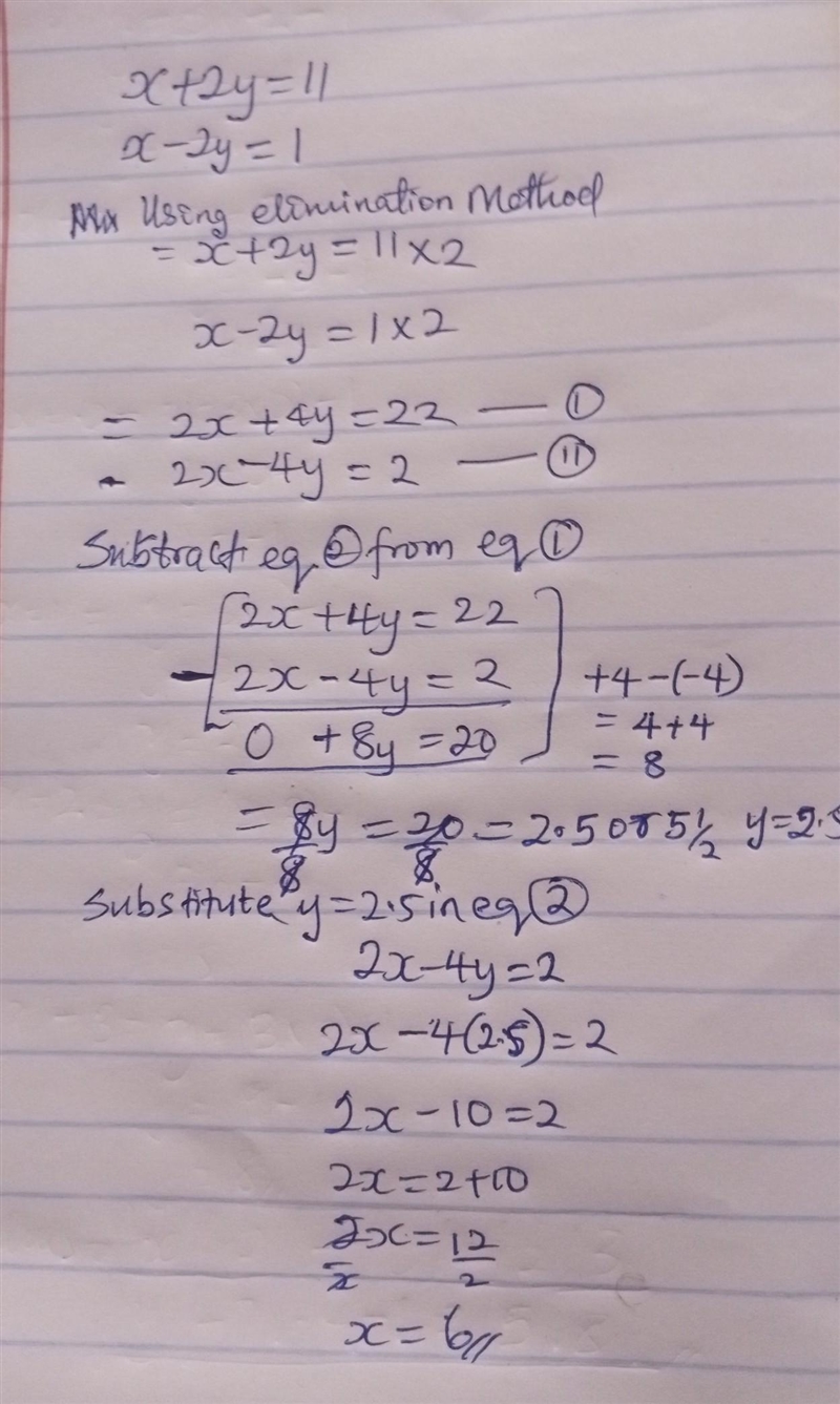 Solve this simultaneous equation x+2y=11 x-2y=1-example-1