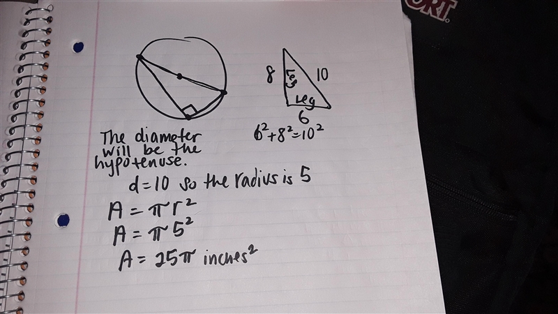 The two legs of right triangle measures 6 and 8 inches respectively. What is the area-example-1