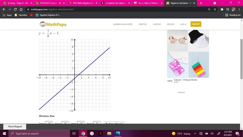 Complete the table y+1=7/8x-example-1