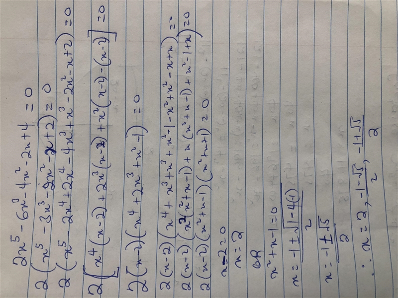 Given 2x⁵-6x³-4x²-2x+4 =0 solve for x-example-1