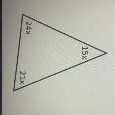 Find the measure of the largest angle in the triangle shown. 15x 24x 21x-example-1