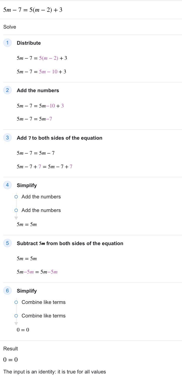 What is 5m-7=5(m-2)+3-example-1