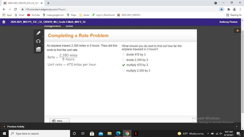 An airplane travels 2,350 miles in 5 hours. Theo did this work to find the unit rate-example-1