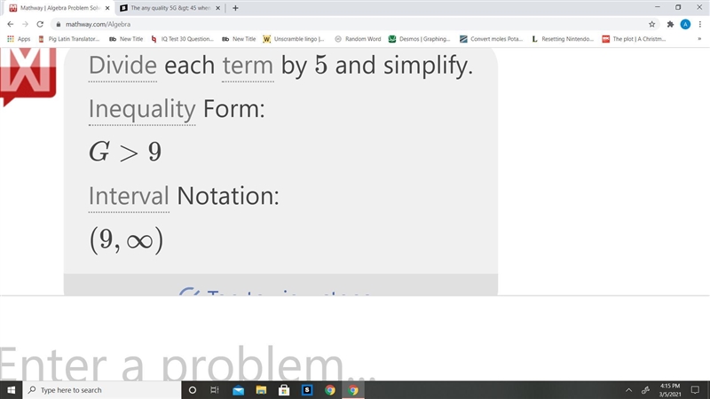 The any quality 5G > 45 when g is=-example-1