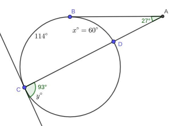 AB is tangent to the circle at B. M∠A = 27 and mBC=114 (The figure is not drawn to-example-1