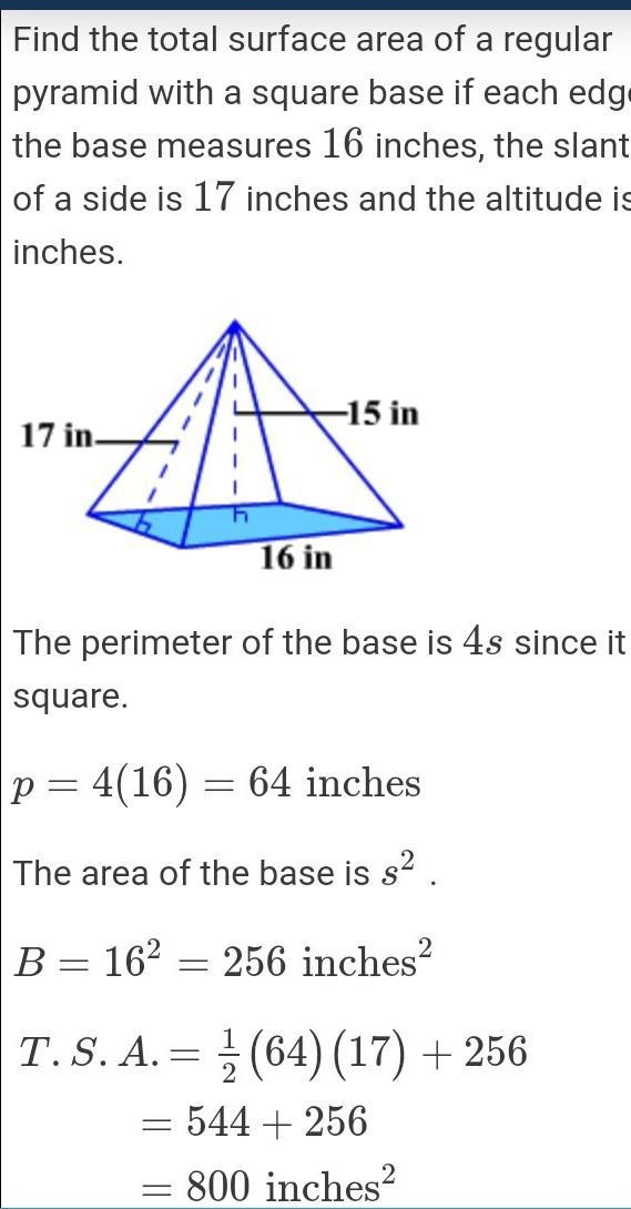 Find the a lateral surface area and total surface area of a right square pyramid given-example-1