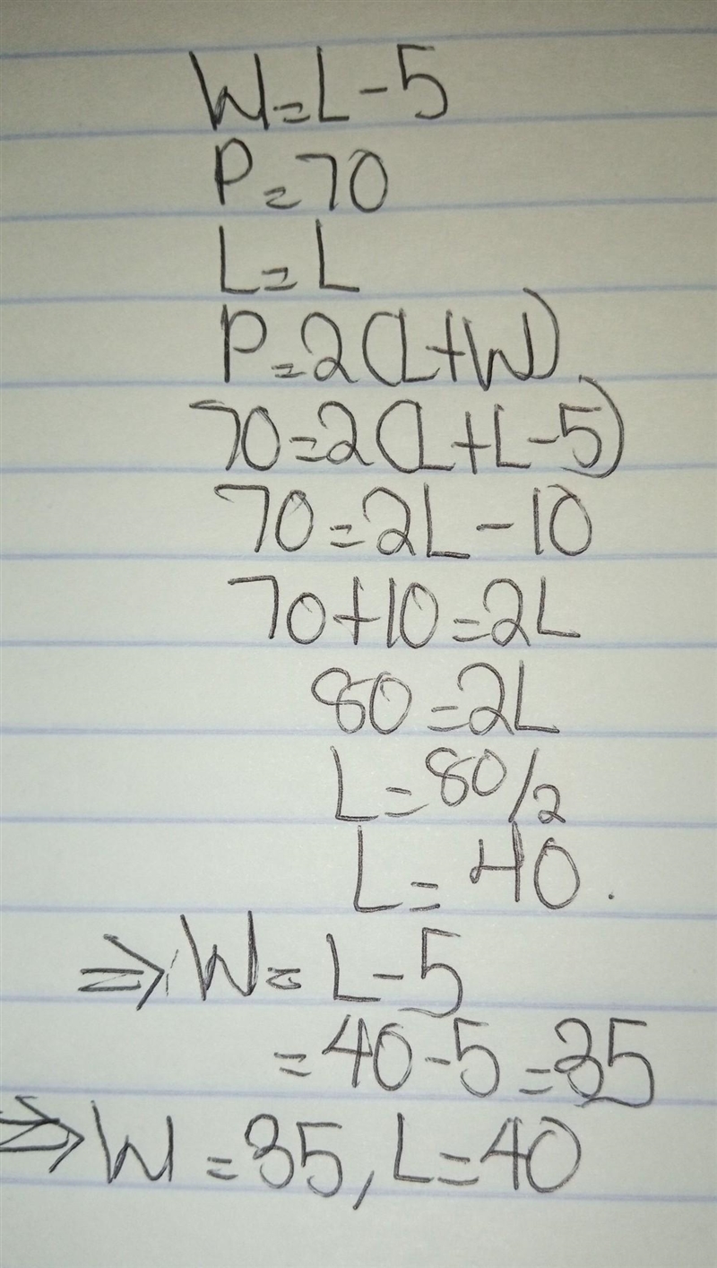 The width of a rectangle is 5 less than the length and the perimeter is 70. Find the-example-1