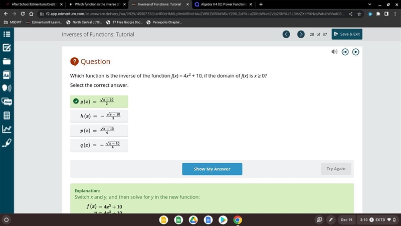 Which function is the inverse of the function f(x) = 4x2 + 10, if the domain of f-example-1