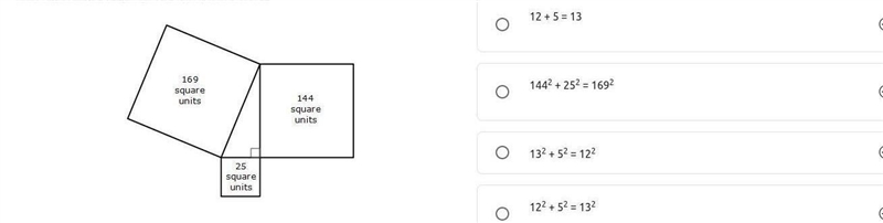 A model of the Pythagorean Theorem is shown. 169 square units. 144 square units. 25 square-example-1