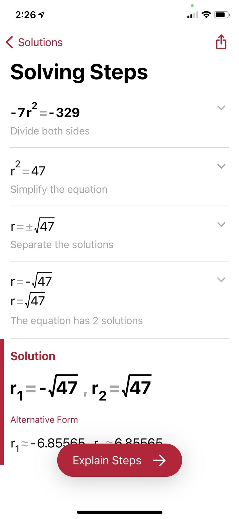 -7r^2= -329 square root property​-example-1