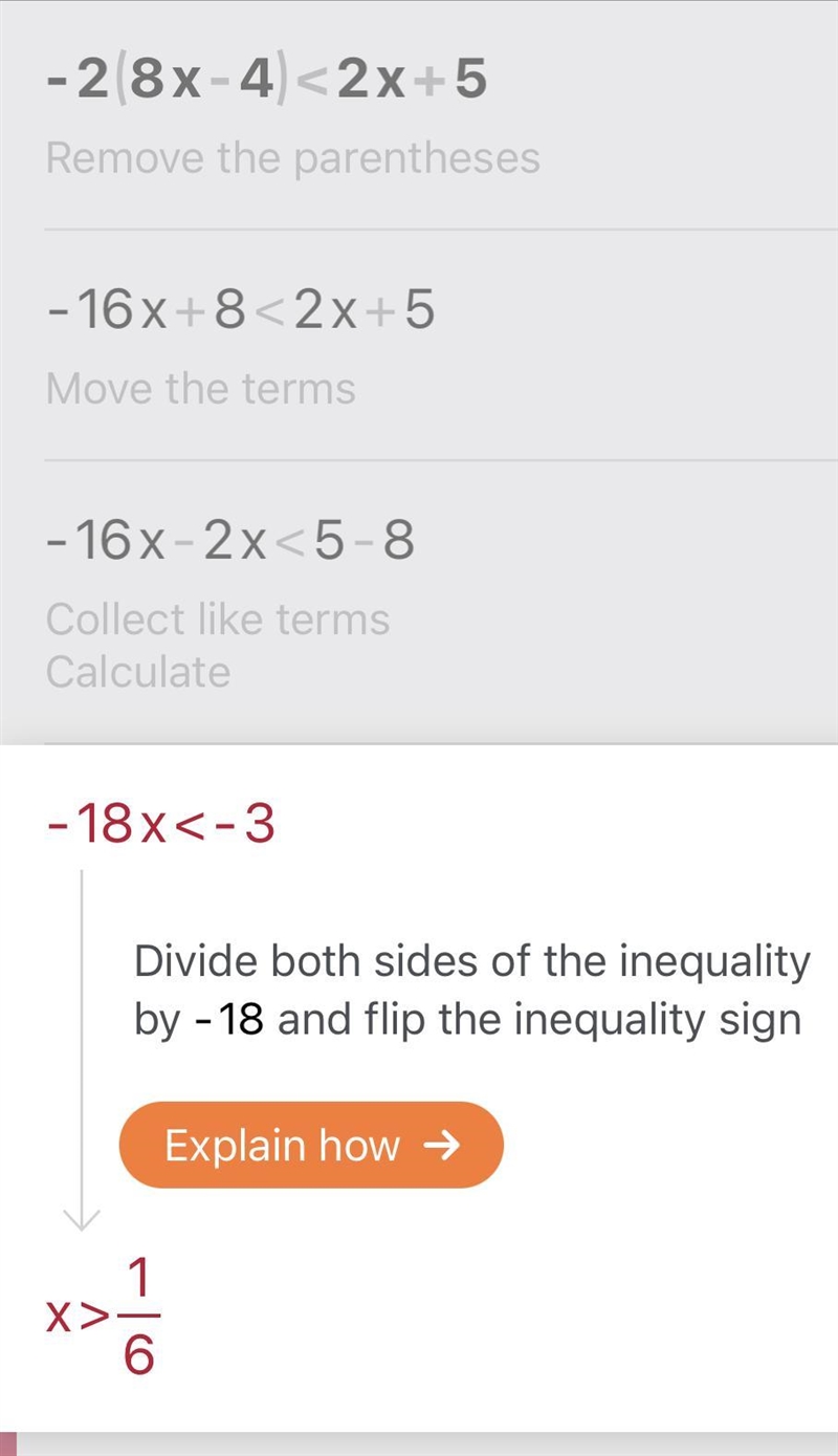 What is the solution to -2(8x - 4) < 2x + 5?-example-1