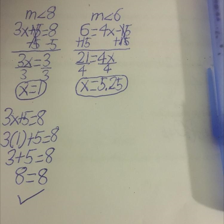 If m<8 = 3x + 5 and m<6 = 4x - 15, find the value of x and find the m<8-example-1