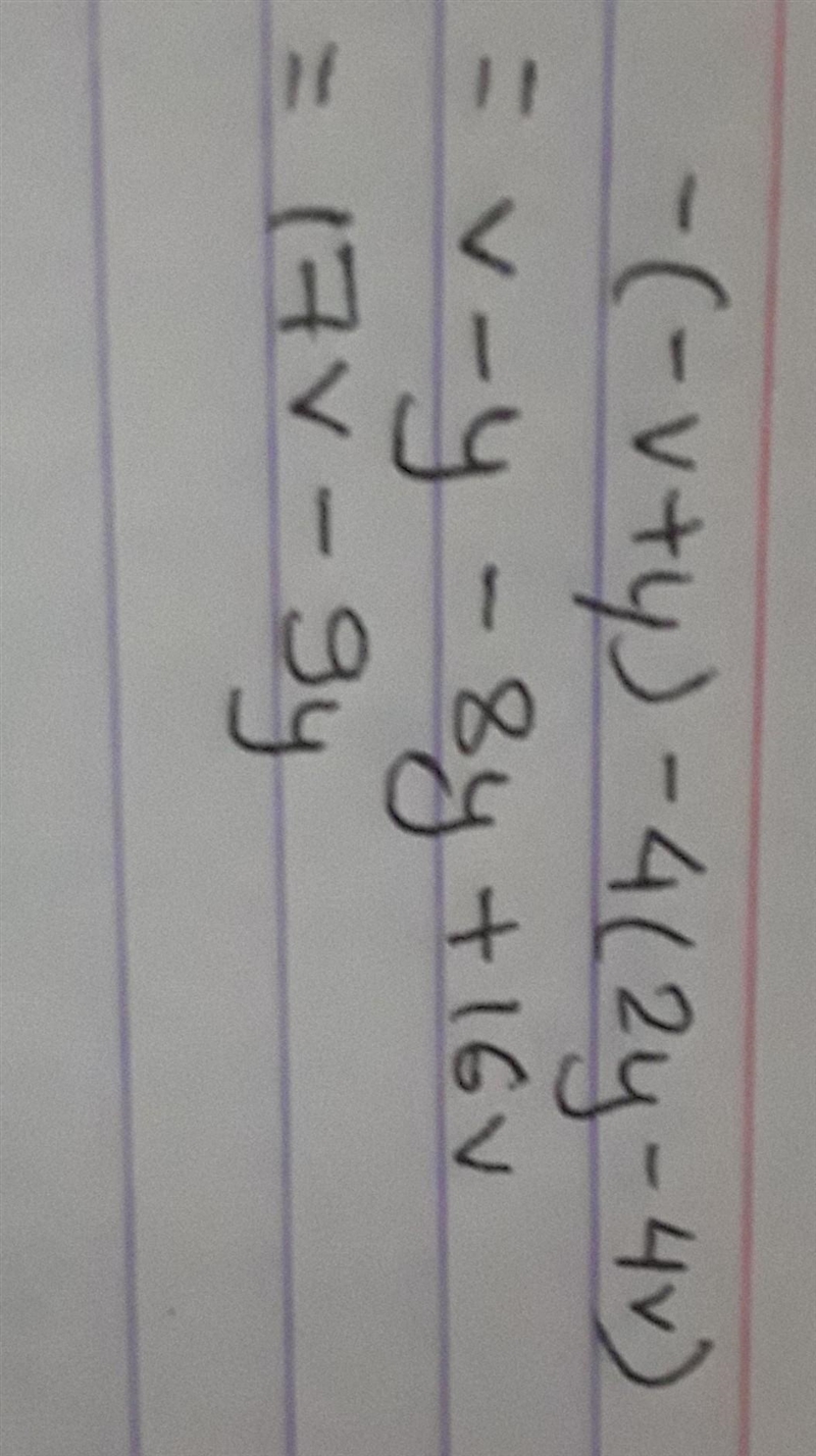 -(-v+y)-4(2y-4v) How do I simplify this?-example-1