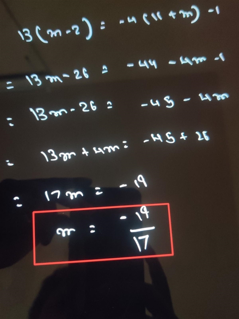 10. 13(m - 2) = -4(11 + m) - 1-example-1