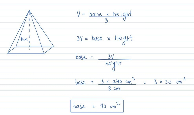 A rectangular prism has a volume of 240cm. It's height measures 8 cm. What is the-example-1