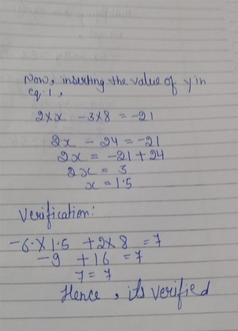 Solve the system of equations -2x-3y=21 -6x+2y Part 1: Explain the steps you would-example-2