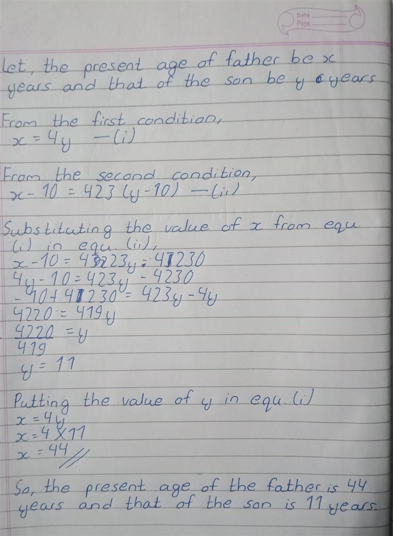 a father was four times older than his son. ten years ago,if their present age is-example-1