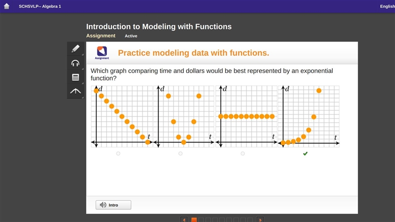 Which graph comparing time and dollars would be best represented by an exponential-example-1