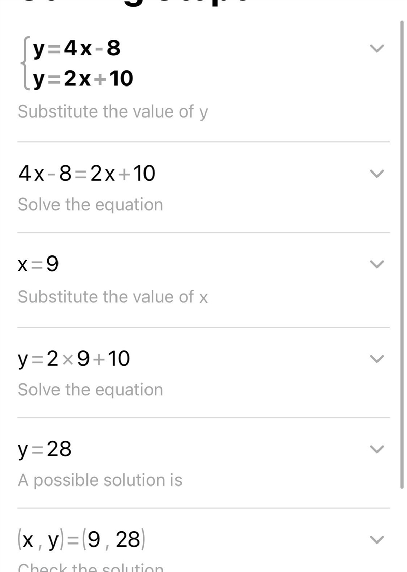 Solve the system using substitution. y = 4x – 8 y = 2x + 10-example-1