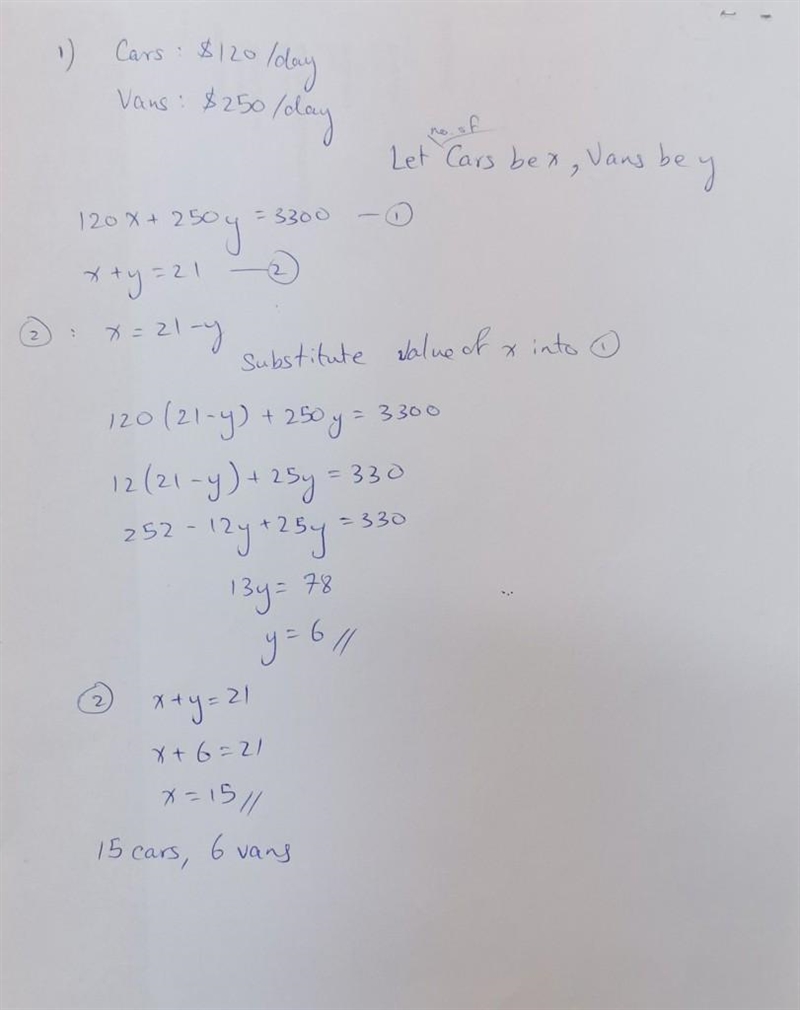 PLEASE HELP 1) A business rents cars for $120 a day and vans for $250 a day. One day-example-1