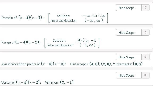 The function f(x) = (x – 4)(x - 2) is shown. What is the range of the function? all-example-1